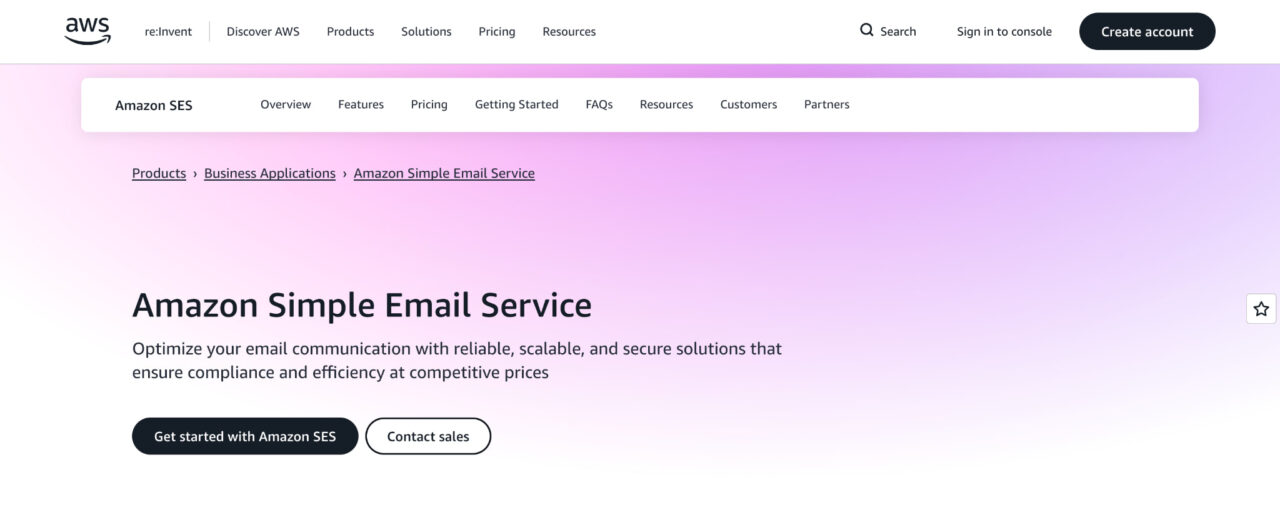 Amazon SES transactional email product page