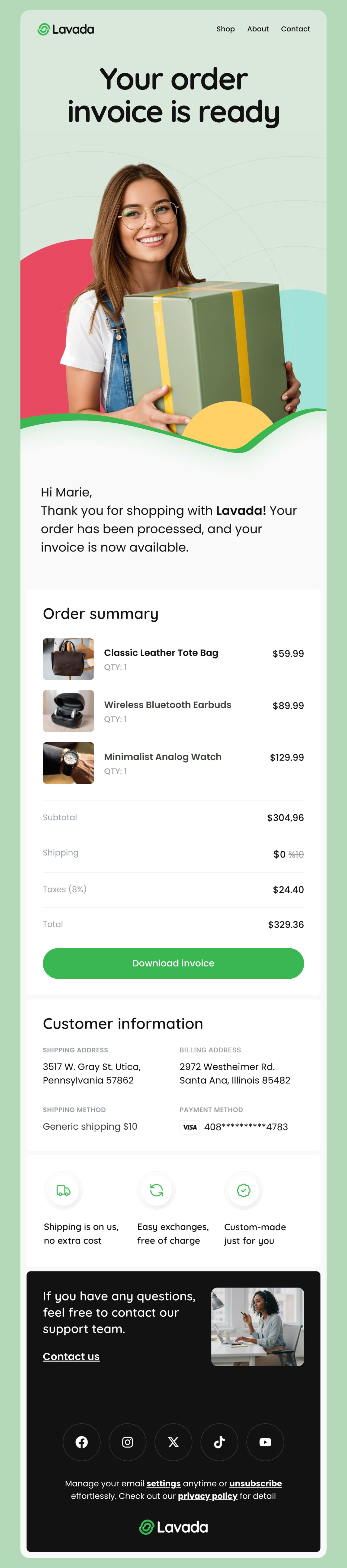 Lavada's email template