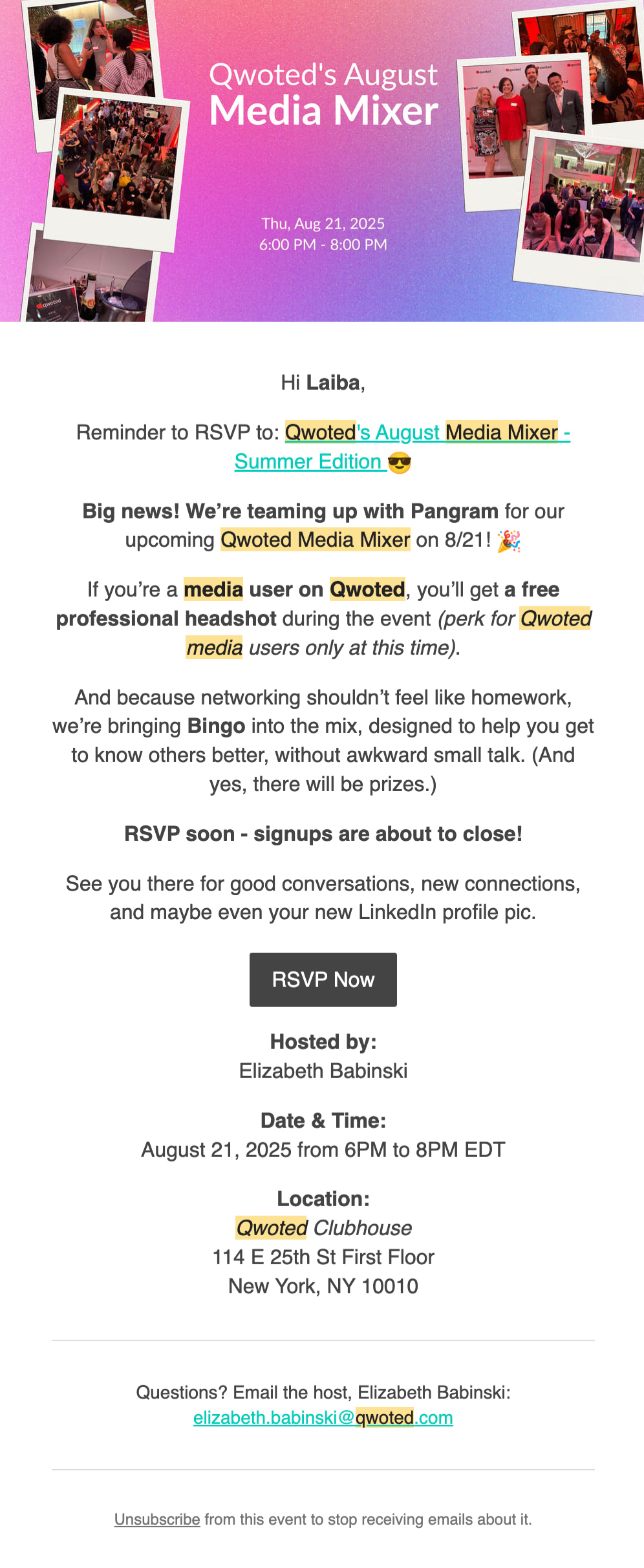 a follow-up email example from Qwoted