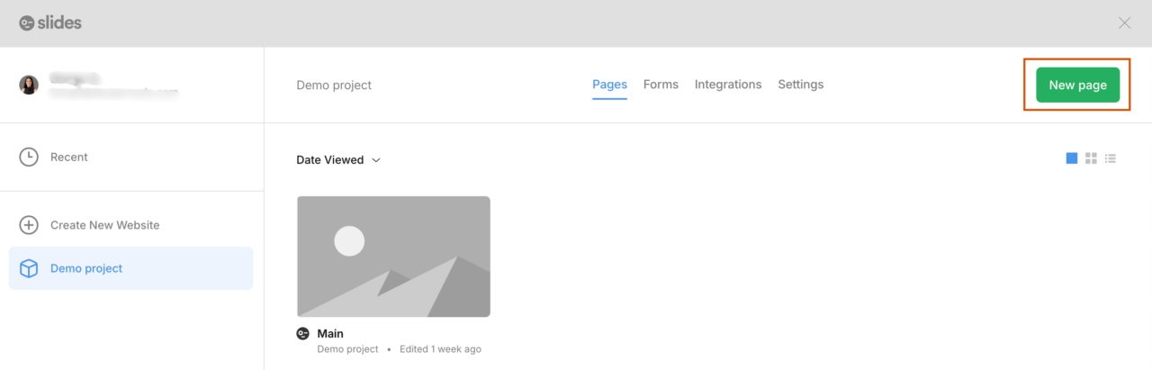 new page option to create a new web page in Slides by Designmodo